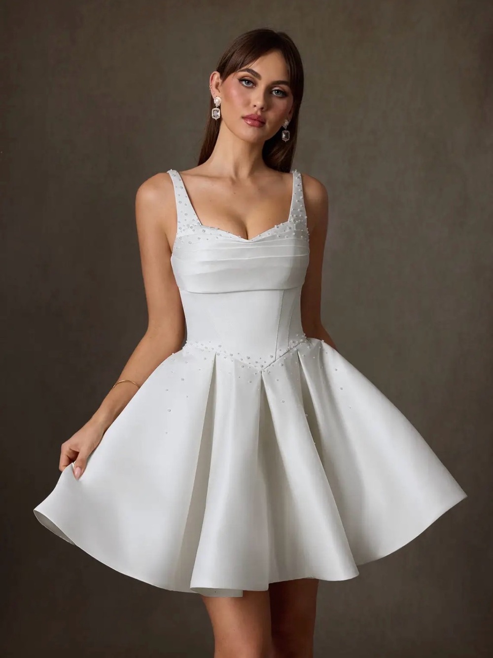 Azazie Zelina Dress White Satin Fit-and-Flare Dress with Embellished Straps